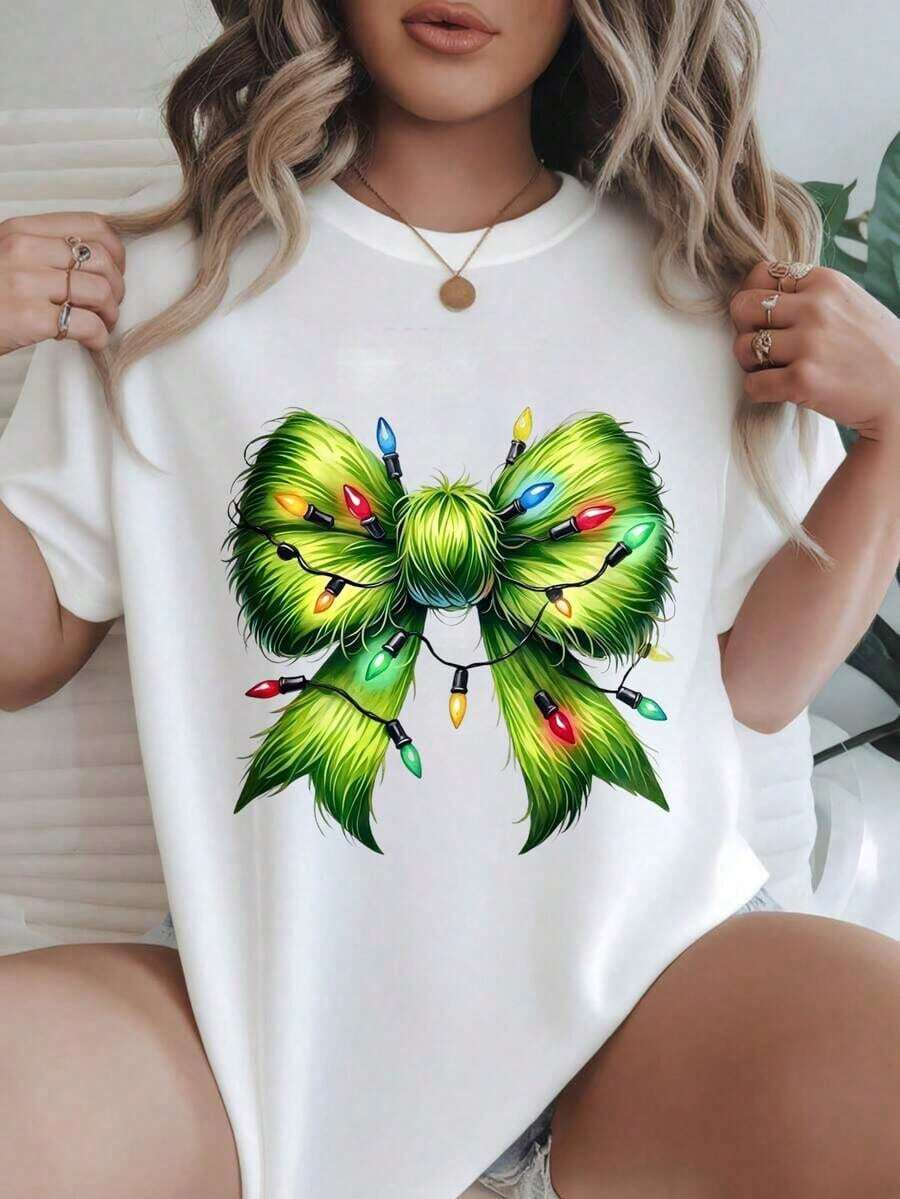 Women's Casual T-Shirt - Short Sleeve, Round Neck, Green Bow Print With Colorful Christmas Lights, Summer Top, Machine Washable, Ladies' T-Shirts, Casual Wear, Modern Style, Comfortable Fit
-White 100% Cotton Durable - 白色 - 查看 1