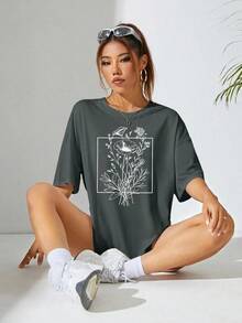 Floral Print T-Shirt, Drop Neck, Graphic, Tops For Women - 深灰色 - 查看 4