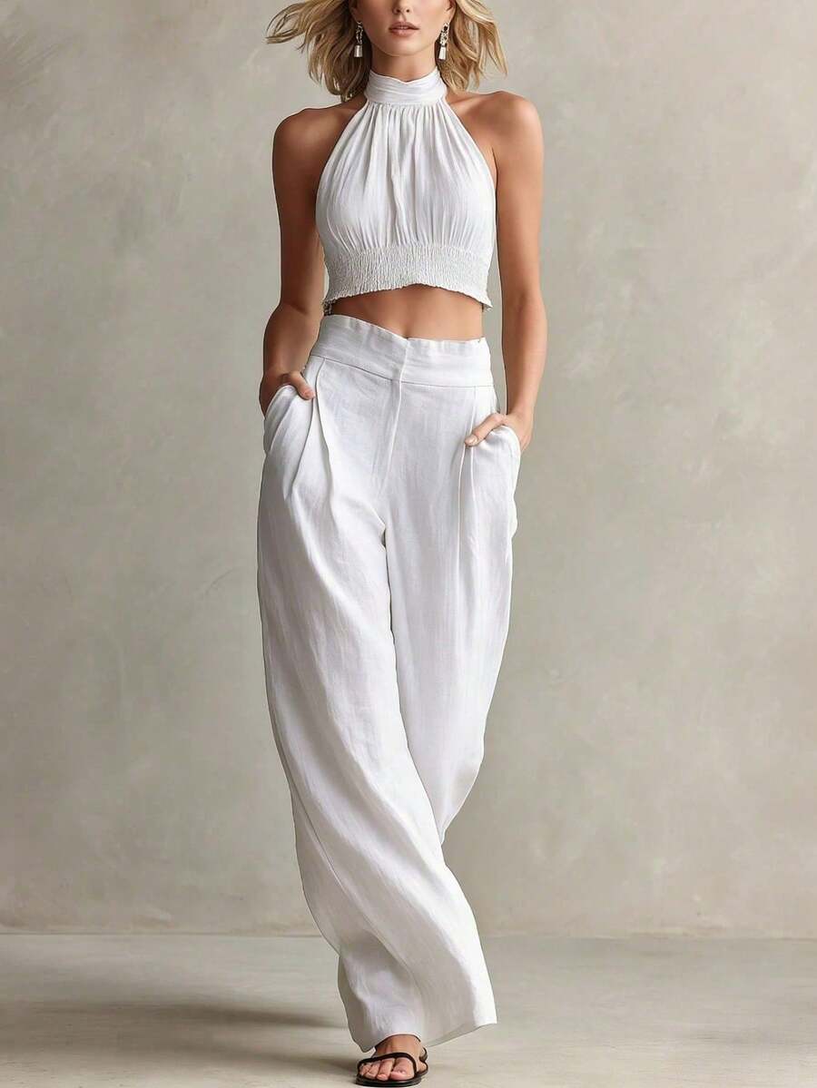 Conjunto de 2 piezas nuevo de moda para mujer, estilo casual, top halter de cuello redondo y espalda descubierta, pantalón largo, perfecto para vacaciones, playa y looks de verano - Blanco - Ver 1