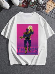 Figura colorida con un personaje de fuerza cósmica sosteniendo un guante brillante que simboliza poder y equilibrio universal sobre fondo rosado vibrante camiseta de mujer  cómoda para uso diario y amante del arte pop moderno - Blanco - Ver 3