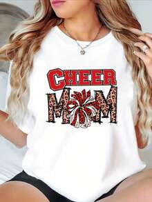 Nueva Camiseta de Moda para Mujer con Cuello Redondo, Estampado de Leopardo y Patrón de Pompones de Animadora CHEER MOM, Estilo Casual de Talla para Primavera Verano, Diseño Versátil Listo para el Verano. - Blanco - Ver 3