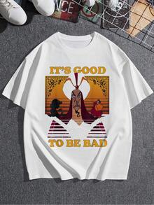 Ilustración que muestra a un personaje con mirada desafiante frente a un fondo cálido que evoca poder y misterio con la frase positiva sobre aceptar el lado rebelde camiseta de mujer  casual cómoda y moderna para uso diario - Blanco - Ver 3