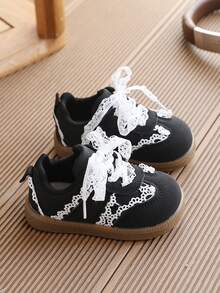 1 Pair Sweet Girl Lace Breathable Casual Sports Shoes, Children Canvas Sneakers For Female Students - Black - View 6