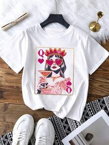 Camiseta de Mujer con Estampado "Reina de Corazones" - Poliéster Casual, Manga Corta, Cuello Redondo, con Diseño Vibrante de Póker y Cócteles, Adecuada para Todas las Temporadas, Rosa, Verano, Transpirable y Cómoda - Blanco - Ver 1