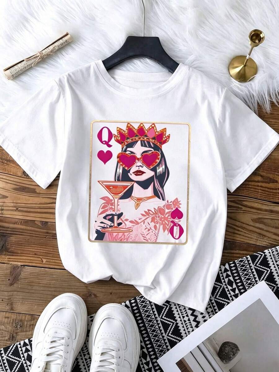 Camiseta de Mujer con Estampado "Reina de Corazones" - Poliéster Casual, Manga Corta, Cuello Redondo, con Diseño Vibrante de Póker y Cócteles, Adecuada para Todas las Temporadas, Rosa, Verano, Transpirable y Cómoda - Blanco - Ver 1
