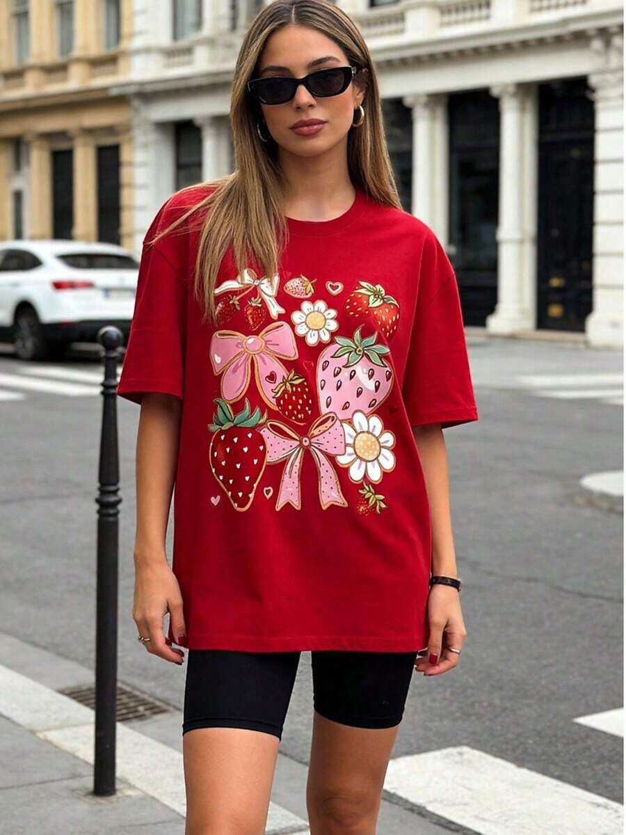 Camiseta Casual para Mujer, Roja, de Algodón, Manga Corta, con Estampado de Fresas y Flores, Cuello Redondo, Corte Regular, Estilo Otoñal, 100% Algodón, Resistente - Rojo - Ver 1