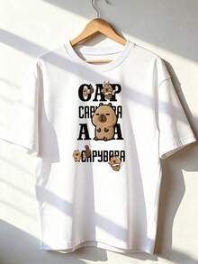 Camiseta con Capybaras Lindas y Texto "Capybara",Camiseta de manga corta de moda para primavera y verano de 2026, hecha en México, 180 gramos. Estampado de dibujos animados, modelo de pareja, apta para uso interior o exterior. Cuello redondo, unisex, ideal para oficina y ocio. Paquete de una pieza. - WH-P631577SLNDXZGY355 - Ver 2