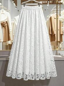 Falda de encaje de línea A elegante, estilo minimalista de moda para ir al trabajo - Blanco - Ver 2