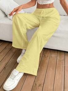 Pantalones de lino sueltos y de cintura baja de estilo bohemio y casual para mujer, pantalones anchos y relajados con cordón, suaves y cómodos, adecuados para uso casual diario y vacaciones, todo el año, primavera - Amarillo - Ver 4