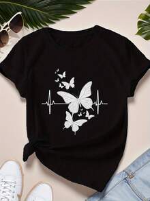 Women's T-Shirts With Butterfly And Heartbeat Print. - 黑色 - 查看 6