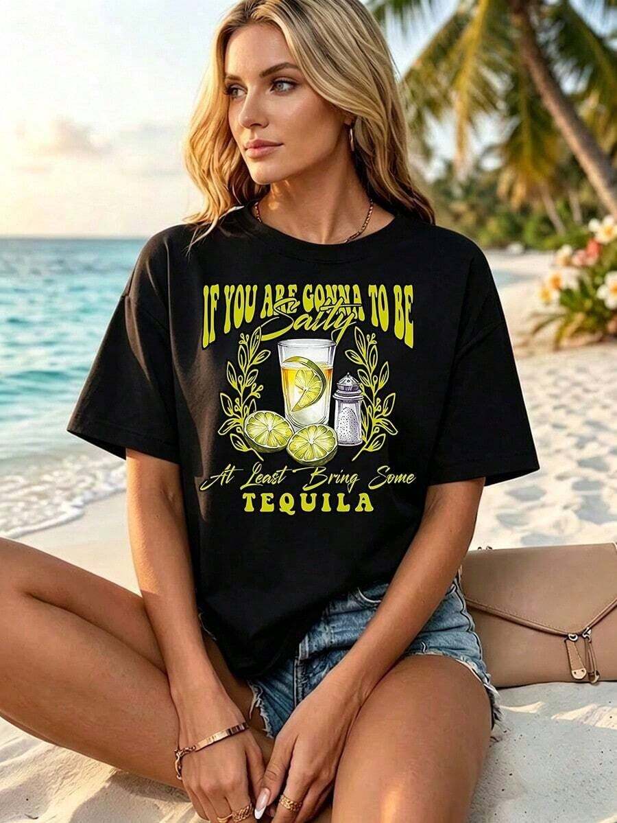Camiseta Casual de Manga Corta para Mujer con Diseño Gráfico Divertido de Tequila, "Si vas a ser brusco, trae tequila", Top Casual de Verano, Camiseta Versátil y Cómoda para Uso Diario en la Playa, Regalo Perfecto para el Cinco de Mayo y el Día de la Madre. - Negro - Ver 1