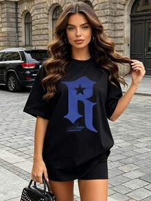 Women's Summer Casual Soft Round Neck Short Sleeve T-Shirt,The Star Letter R Print Graphic Is Suitable For Daily Wear In Spring And Summer.Black - Black - View 2