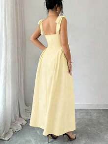 YHHElenzga Nuevo vestido midi tejido bicolor con textura y tirantes anudados, elegante y versátil para uso en la oficinaYHH - amarillo ganso - Ver 2