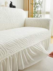 1pc Plush Jacquard Ruffled Elastic Sofa Cover, Dust-Proof And Dirt-Resistant, Stretch-To-Fit Full Coverage Sofa Protector, Home Decor, Machine Washable, Pillow Cover Not Included - White - View 8