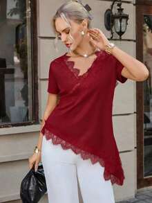 Women's T-Shirt With Ruffled Collar And Lace, Elegant And Fashionable, Suitable For Valentine's Day, Weddings, Holidays, Casual Outings, Parties, With An Asymmetrical Hem And Stretchy Fabric - 紅色的 - 查看 6