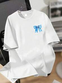1 pieza Camiseta holgada con estampado para niñas, estampado de conchas & estrellas dibujado a mano, decoración con lazo, ajuste holgado casual, adecuada para vacaciones en la playa, regreso a la escuela, uso de verano - Blanco - Ver 4
