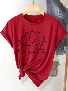 Women's Elegant Short Sleeve T-Shirt 2026 With Lotus Print "Namaste", Fashionable Retro Style, Casual Sporty Round Neck Short Sleeve T-Shirt For Spring/Summer/Autumn. - 紅色 - 查看 7