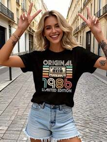 Simple And Versatile Design. This Comfortable Women's Short-Sleeved T-Shirt Features A Limited-Edition 1986 Cassette Tape Design-A Casual, Retro Geometric Print T-Shirt Suitable For All Seasons, Machine Washable, Vintage Style, For Everyday Wear, Loose Fit, Black, Summer Style, Made Of Pure Cotton. - 黑色 - 查看 4