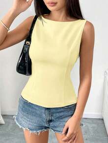 Camisa ajustada sin mangas de unicolor con lazo en la espalda, sexy y elegante para uso casual, adecuada para citas, vacaciones, oficina/negocios, primavera/verano - amarillo ganso - Ver 4