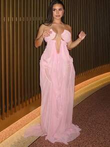 Halter Dress With Sheer Mesh Back, Open Back, Beach Vacation Style - Pink - View 1