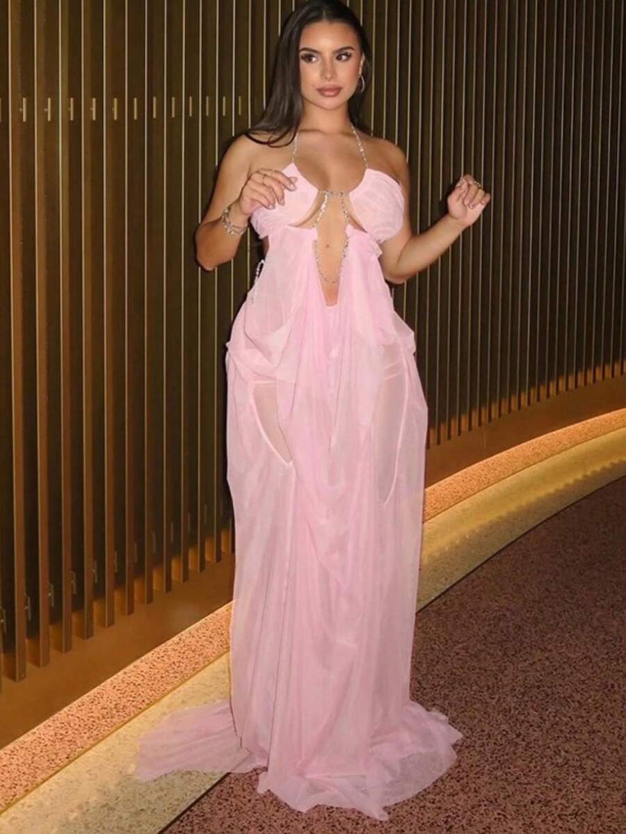 Halter Dress With Sheer Mesh Back, Open Back, Beach Vacation Style - Pink - View 1