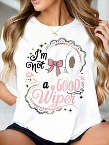 Women's Graphic T-Shirt With Toilet Paper Bow Design And The Phrase "I'm Not A Good Cleaner" - Funny Pink T-Shirt With Stars And Flowers Design, Perfect For Everyday Wear, Gifts Or Holiday Fun - 白色 - 查看 6