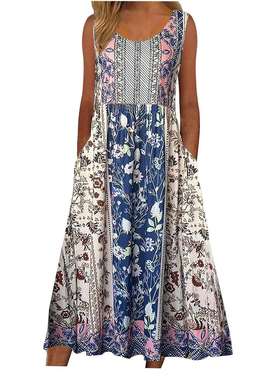 New 2025 Summer! Women's Sleeveless Bohemian Floral Casual MIDI Beach Dress With Flowing Pockets And Loose Fit - 軍綠色 - 查看 1