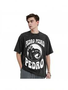 Vintage-Inspired Raccoon Print T-Shirt - Short-Sleeve Cotton Tee, All-Season Urban Casual Wear, Pedro, Washed, Hip Hop Style, Plus Size JY2R - 黑色 - 查看 2