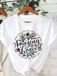 1 Piece Women's Floral Print T-Shirt, Inspirational Design "Amazing Grace", Short Sleeve, Round Neck, Lightweight Summer T-Shirt With Floral Pattern, Casual Style, Summer Casual Wear, Floral Print T-Shirt, Lightweight Fabric 180g, 100% Cotton - 白色 - 查看 8