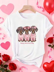 Women's Short-Sleeved 1-Piece Cotton T-Shirt With A Dachshund Print And The Phrase "Happy Valentine's Day." A Modern And Stylish Adorable Pet Design, Ideal For Spring/Summer/Autumn Casual And Sporty Wear. Soft And Comfortable, With A Round Neck And Short Sleeves. Available In Sizes 1XL-5XL. HPGV - 黑色 - 查看 6