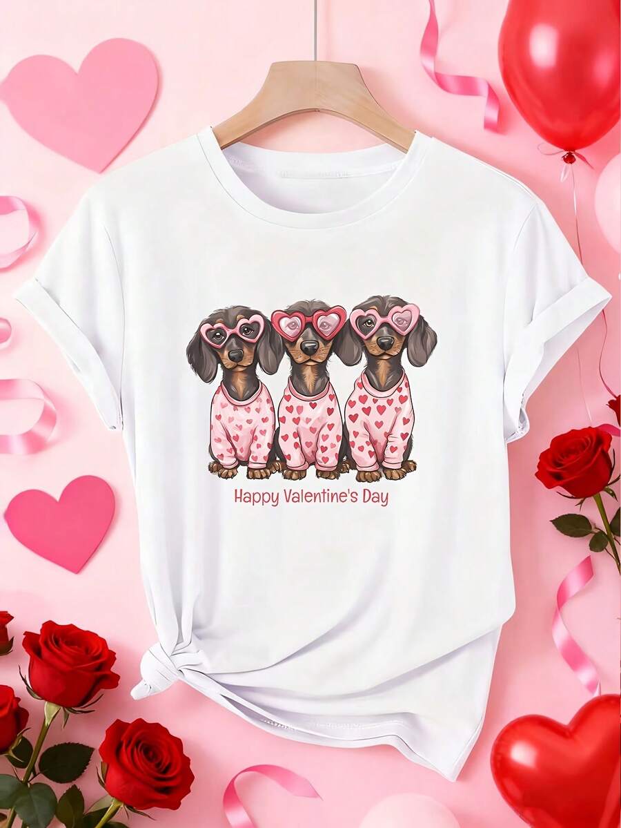 Women's Short-Sleeved 1-Piece Cotton T-Shirt With A Dachshund Print And The Phrase "Happy Valentine's Day." A Modern And Stylish Adorable Pet Design, Ideal For Spring/Summer/Autumn Casual And Sporty Wear. Soft And Comfortable, With A Round Neck And Short Sleeves. Available In Sizes 1XL-5XL. HPGV - 白色 - 查看 1