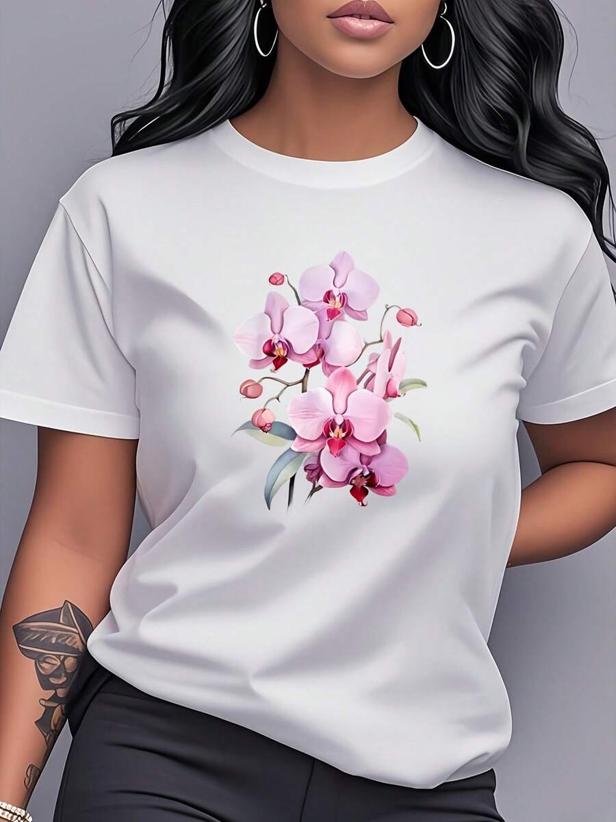 Women's T-Shirt Made Of Pure Cotton, Casual Loose Style, With Pink Orchid Print, Short Sleeves And Round Neck, Cool And Elegant Style, Versatile For Casual Wear, Daily Commutes, Parties, Dates, Birthday Gift. - 白色 - 查看 1
