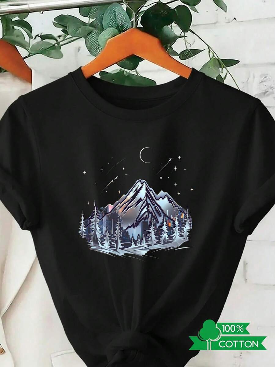 Camiseta de moda de manga corta para mujer, ideal para vacaciones de verano, con estampado de letras y anime, diseño sencillo, cómoda y transpirable, adecuada para uso diario informal, que muestra un estilo natural y elegante, imprescindible para fiestas de verano, entrega local. - Negro - Ver 1