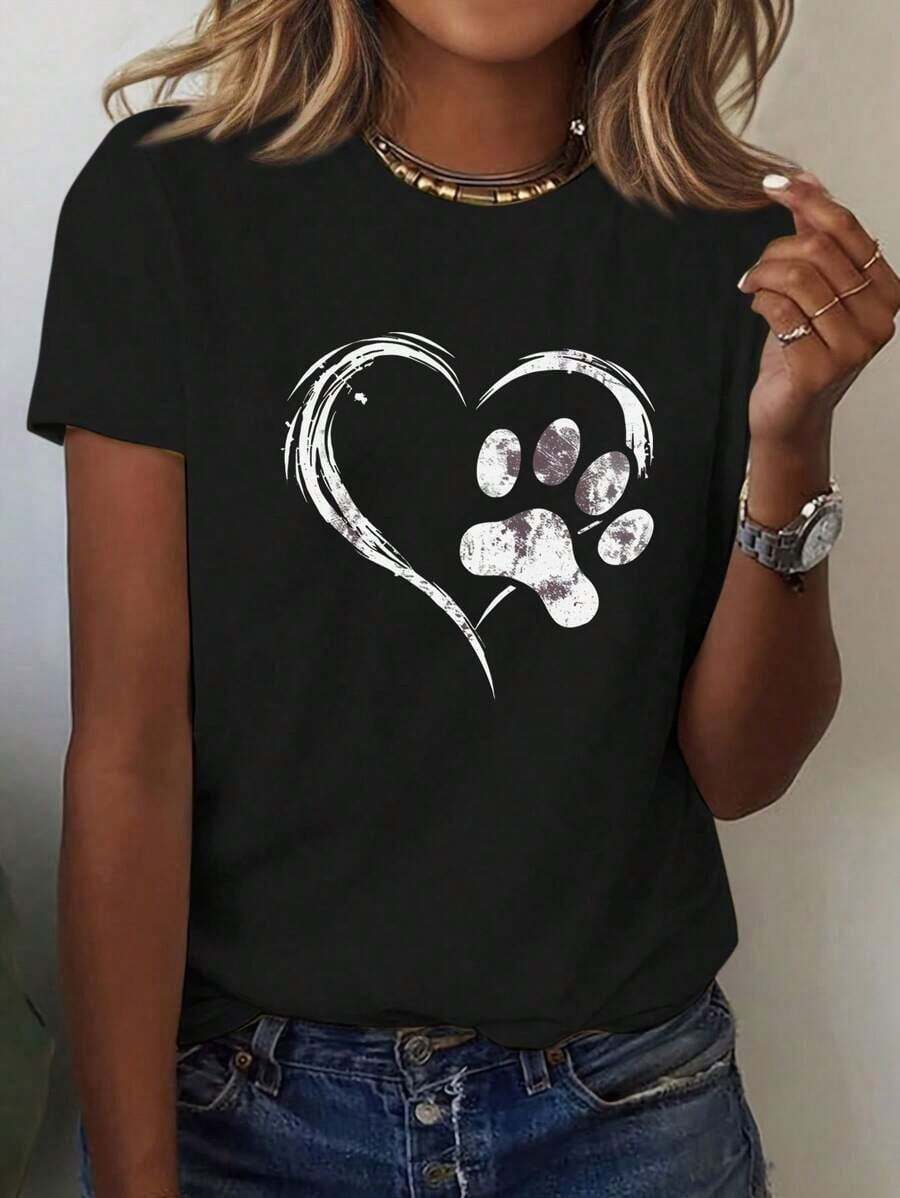 Casual Blouses For Women, Black T-Shirt With Heart And Pet Paw Print Design, Women's Tops Ideal For Animal Lovers, Delicate And Casual Style. - 黑色 - 查看 1