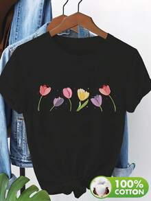 Vintage Cotton T-Shirt With Colorful Tulip Print, Fresh And Natural, Model 8684 Women's Summer Top - 黑色 - 查看 6