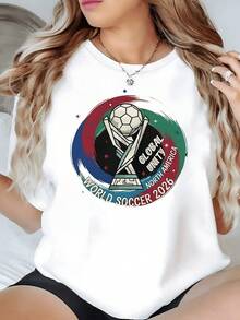 A Vibrant Symbol Celebrating Global Unity Through Football, Featuring A Trophy Decorated With A Blend Of World Colors And An Ancient Pyramid Reflecting Connection And Passion. A Modern, Comfortable Women's T-Shirt For Casual Occasions. - 白色 - 查看 1