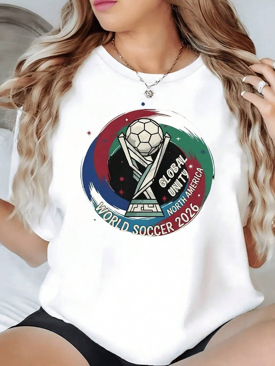 A Vibrant Symbol Celebrating Global Unity Through Football, Featuring A Trophy Decorated With A Blend Of World Colors And An Ancient Pyramid Reflecting Connection And Passion. A Modern, Comfortable Women's T-Shirt For Casual Occasions. - 白色 - 查看 1