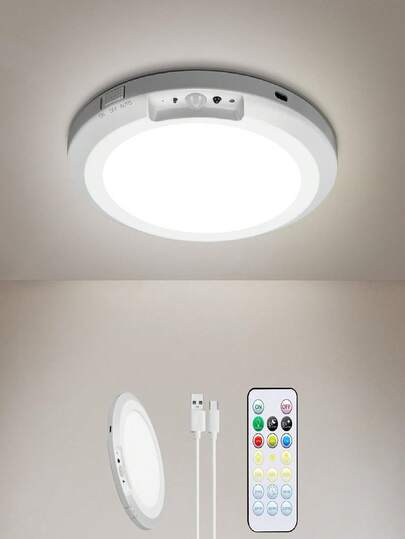 Rechargeable Motion Sensor Ceiling Light IndoorUSB Outdoor W/Remote, 7.08 Inch Battery Operated Flush Mount Ceiling Light 3000K 4000K 6000K 400LM Dimmable For Closet Hallway Laundry Stairs