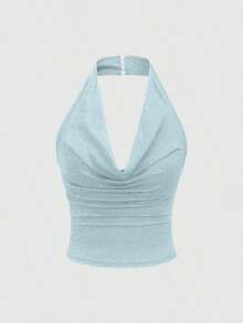 corto de camisola de punto metálico con lentejuelas para mujer, top sexy de espalda descubierta y ajustado al Body - Celeste - Ver 1