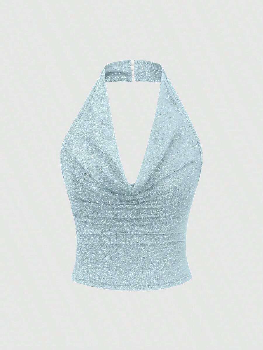 corto de camisola de punto metálico con lentejuelas para mujer, top sexy de espalda descubierta y ajustado al Body - Celeste - Ver 1