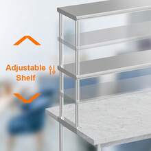 Estante superior doble de acero inoxidable de alta resistencia para mesa de preparación y trabajo – Estante de almacenamiento comercial de cocina NSF de 2 niveles ajustable – Perfecto para restaurante, bar, garaje, sala de utilidades - / - Ver 2
