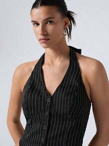 Top halter con botones y estampado de rayas, atuendos de verano - Negro - Ver 6