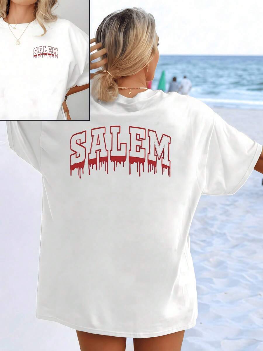 Red Letters That Seem To Melt Evoke A Rebellious And Mysterious Energy Inspired By Inner Strength And The Personal Search For Authenticity. Women's T-Shirt With Double Print, Casual, Modern And Comfortable For Everyday Wear. - 白色 - 查看 1