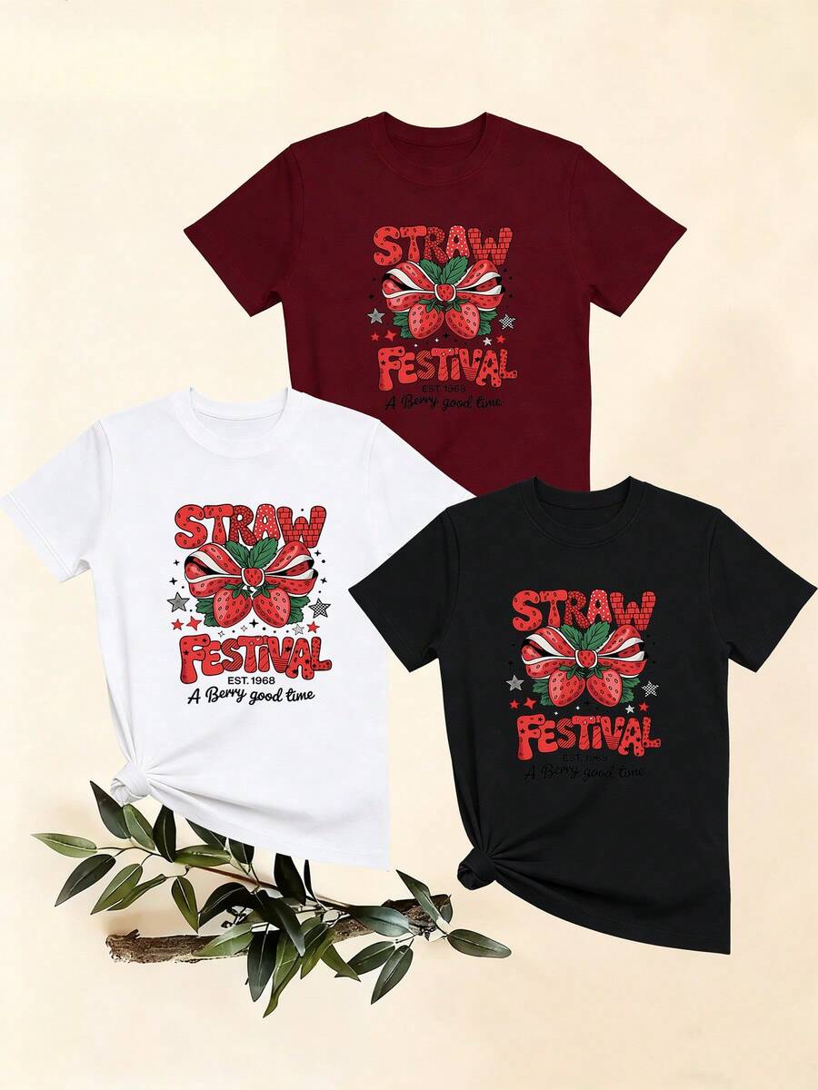 Women's T-Shirts, Women's T-Shirts, Casual One-Piece T-Shirt With Christmas Strawberry Print, Round Neck, Breathable And Comfortable. - 1件黑色隨機圖案 - 查看 1
