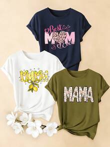 Women's T-Shirts, Women's T-Shirts, Women's One-Piece T-Shirt With Leopard Heart Print "Mom Ever" And Lemon Floral Print "MAMA", Casual Short Sleeve Crew Neck Top, Mother's Day Gift T-Shirt,  Style Clothes For Moms, Suitable For Daily Wear. - 1件白色隨機圖案 - 查看 6