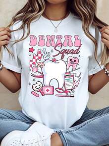 GiftGiftDental Squad Adorable Teeth Design T-Shirt For Dentists And Dental Hygienists, Fun Gift For Dental Professionals And Students, Cartoon Teeth And Tools Print In Pink, Unisex T-Shirt, Soft - White - View 1