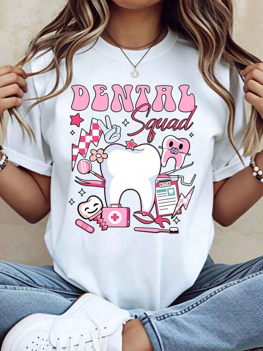GiftGiftDental Squad Adorable Teeth Design T-Shirt For Dentists And Dental Hygienists, Fun Gift For Dental Professionals And Students, Cartoon Teeth And Tools Print In Pink, Unisex T-Shirt, Soft - White - View 1