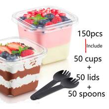 300Pcs Square Clear Disposable Dessert Cups With Lids Spoons & Forks, 10oz 12oz Leak Proof Stackable Plastic Food Containers, Transparent Mousse Pudding Ice Cream Fruit Snack Cups For Party Wedding Birthday Banquet Home Use - W10-8 - View 11
