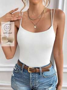 Camiseta de tirantes delgados de un solo color para mujer, simple y de moda para el verano - Blanco - Ver 9