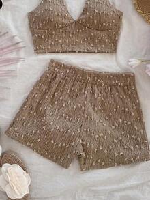a Conjunto de 2 piezas de top de punto texturizado con escote en V y tirantes finos de color amarillo claro, y shorts, estilo romántico y campestre, bohemio, floral romántico, para vacaciones - Caqui 2 - Ver 6